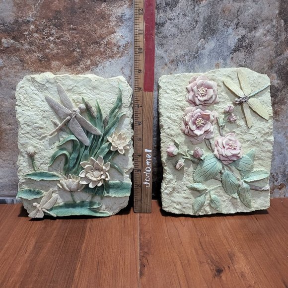 Botanical Clay Flower Dragonfly Art Wall Sculpture Plaster Cream Tile - Picture 9 of 14